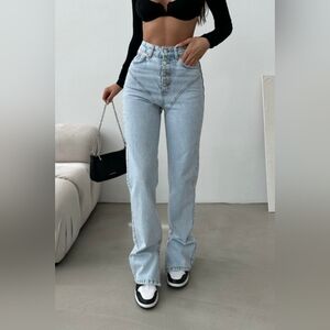 PIRAL COLUMBIA Klotte High Rise Split Hem Light Blue Straight Sexy Jeans…